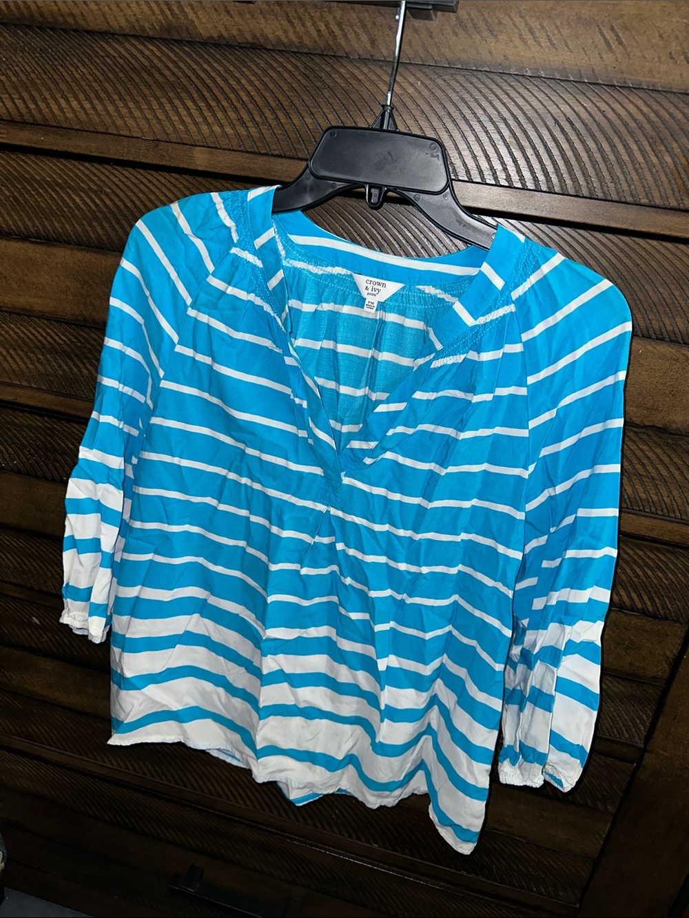 crown & ivy Turquoise and White Striped V-Neck Blouse